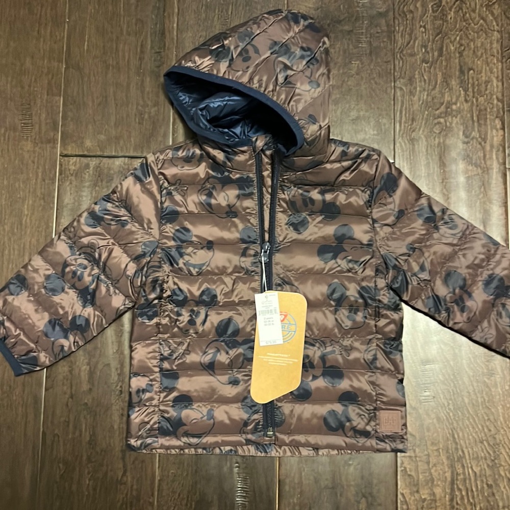 NWT Baby Gap Disney Brown Mickey Mouse Print Puffer Primaloft quilted coat